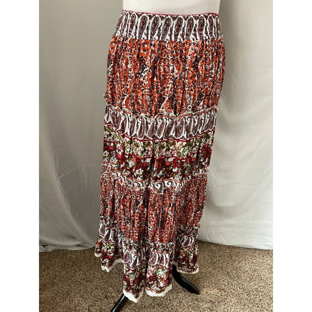Available Multi-color Paisley Floral Print 4-Tier Elastic Waist Maxi Skirt - Picture 4 of 8